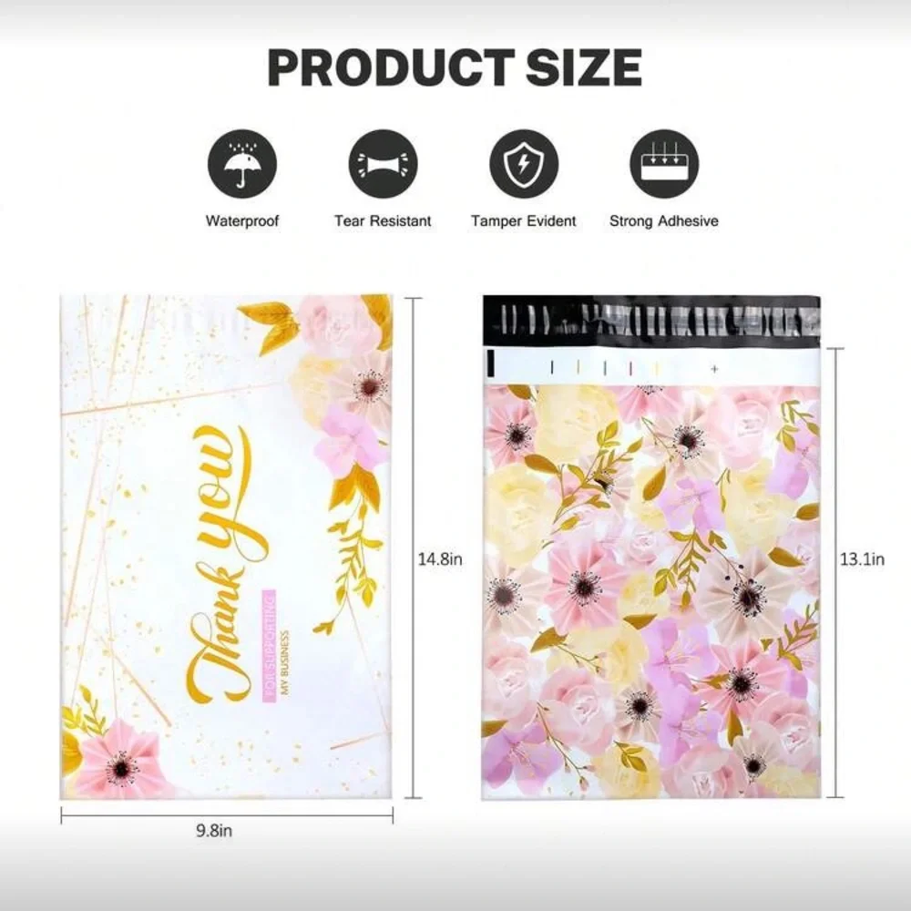 Set of 20 Poly Mailers 10x13 Pastel Floral Pink Yellow Thank You Shipping Bags